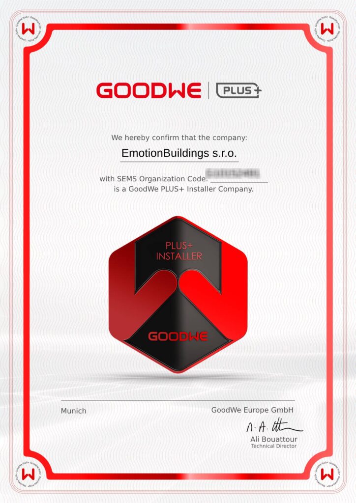 Certifikát GoodWe PLUS+ Installer - EmotionBuildings